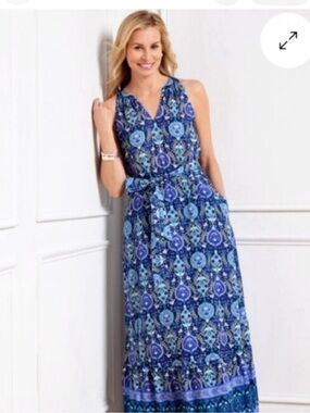 Talbots Sleeveless Blue Printed Maxi Dress with Tie Waist